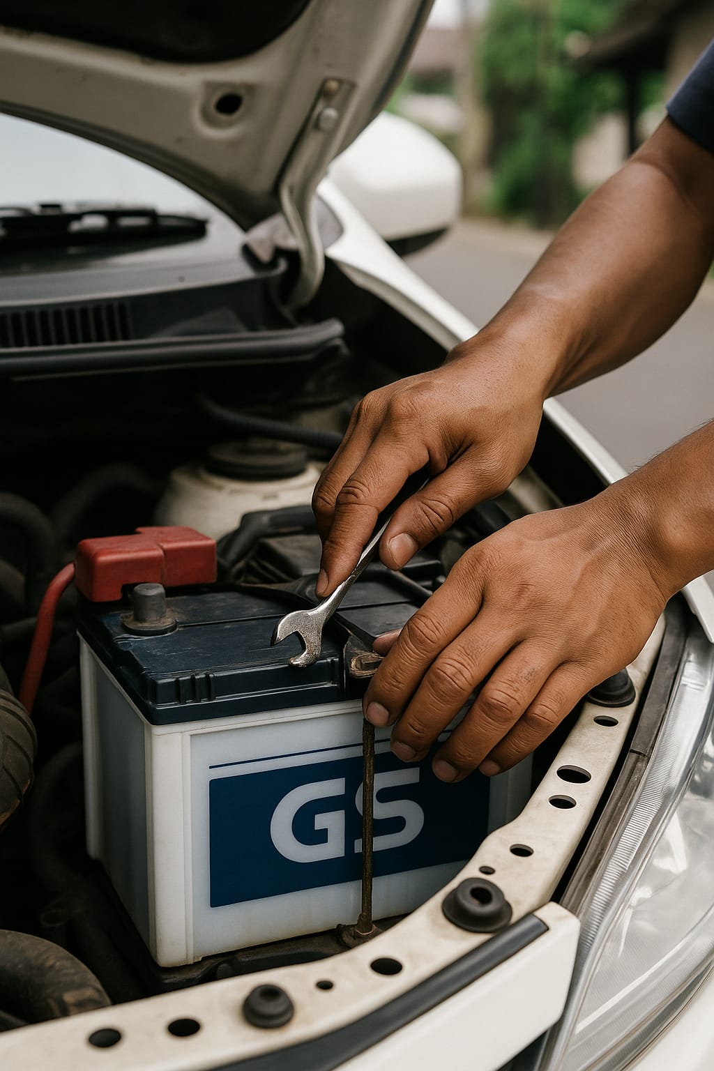 petugas kami memasang aki mobil